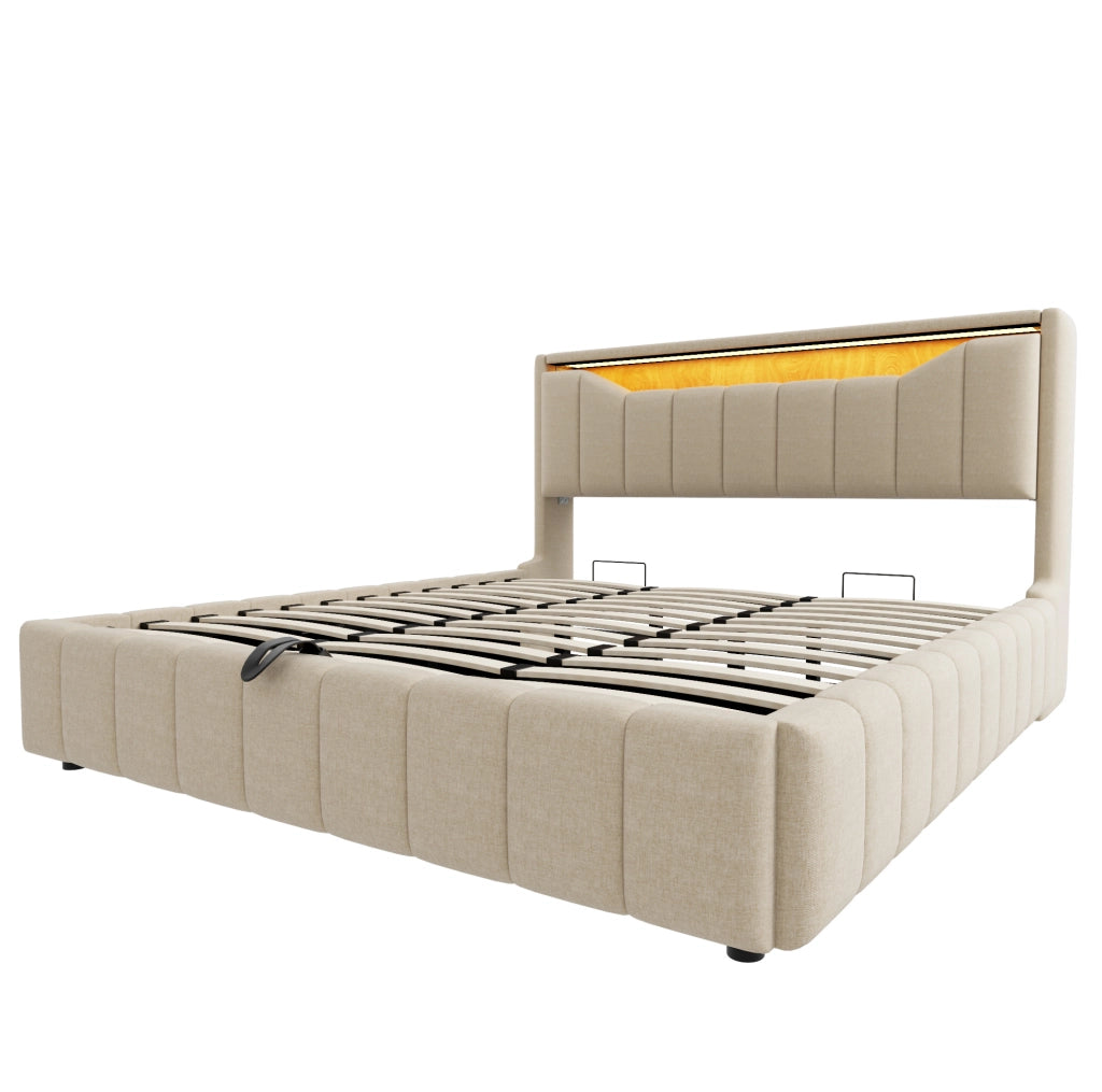 Letto contenitore ULEVR 180x200 cm con sistema idraulico, LED, USB e USB-C, rivestimento in tessuto beige