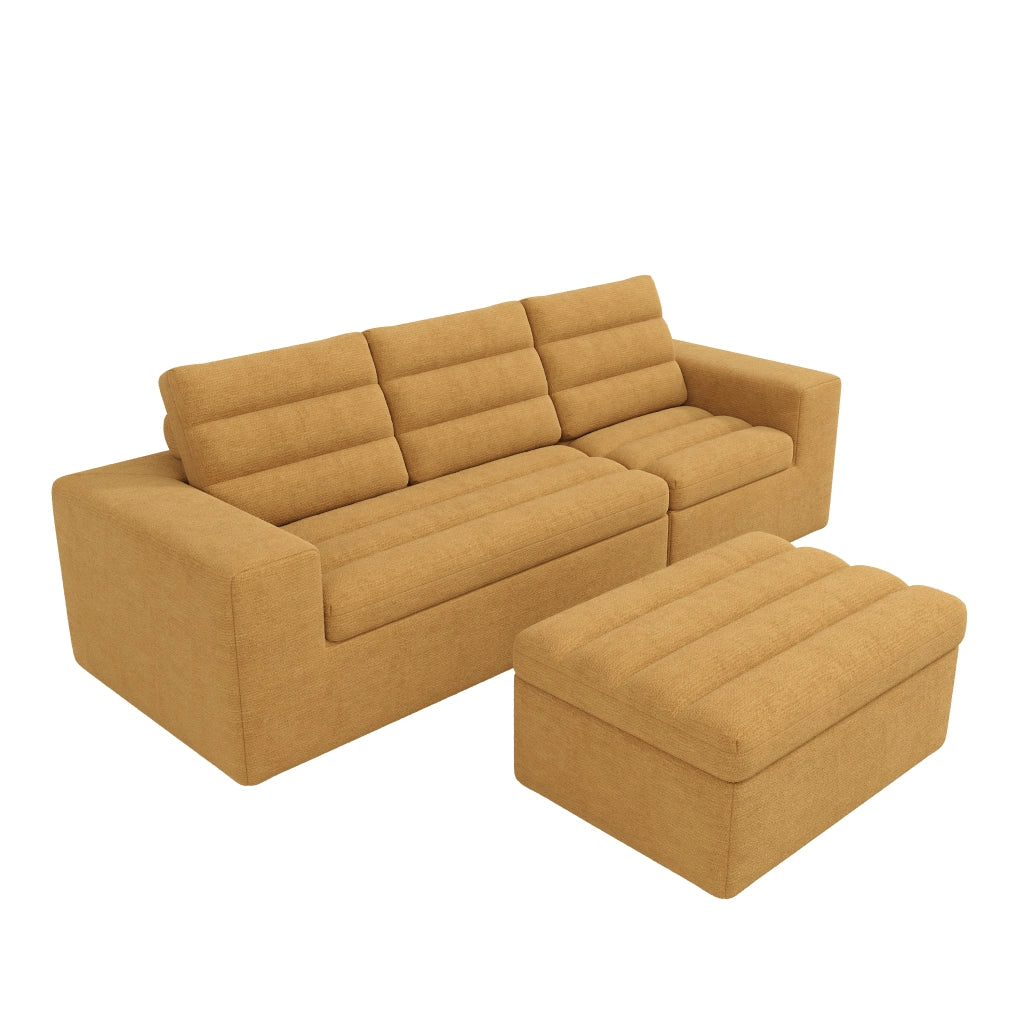 Divano angolare modulare 253x161 cm con pouf in ciniglia arancione