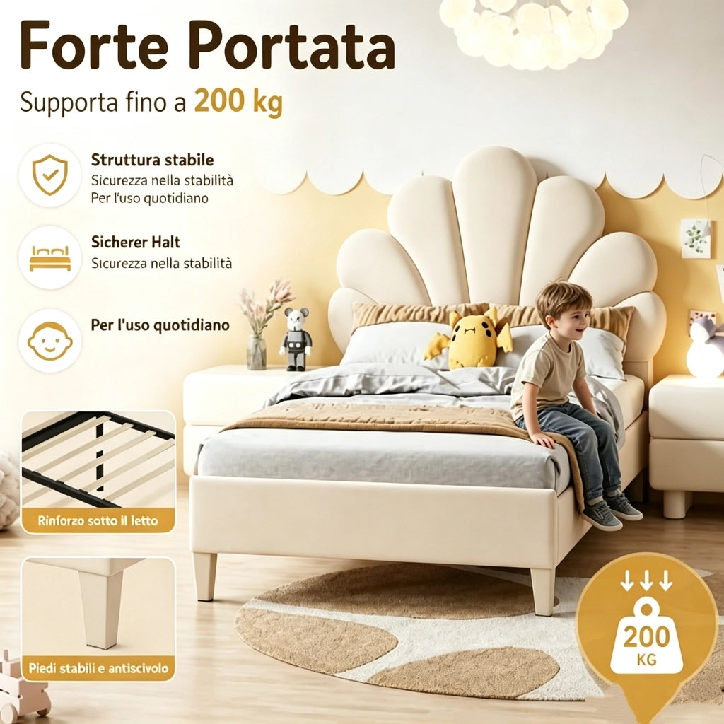 Letto Singolo per Bambini 90x200cm;Letto imbottito con Testiera Regolabile a Forma di Petalo;per Bambini; Adolescenti;Velluto Beige; senza Materasso