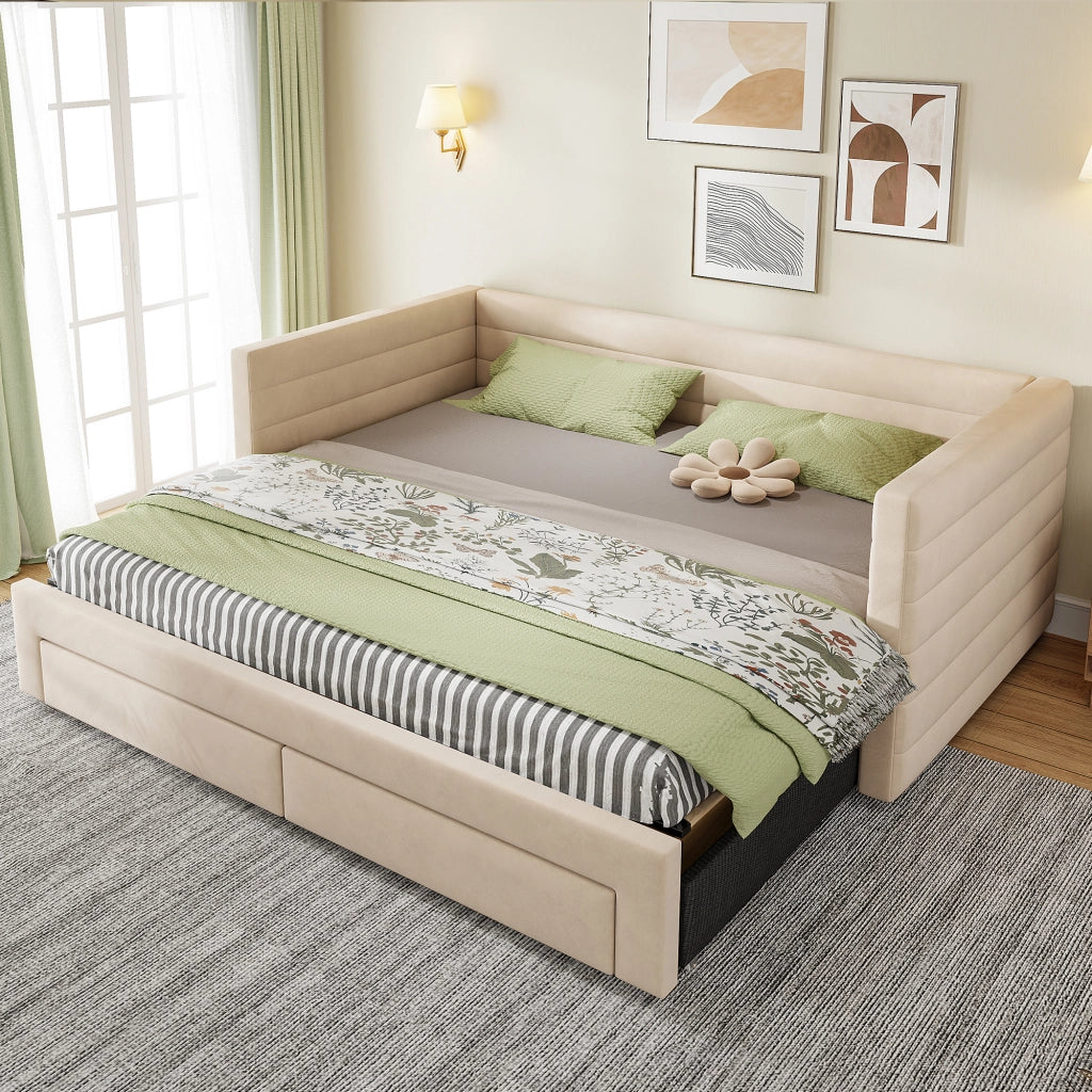 Letto estraibile 3 in 1 con due cassetti rivestito in cotone e lino beige con rete a doghe