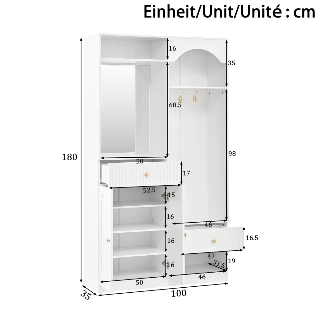 Guardaroba da ingresso bianco con specchio, panca e LED