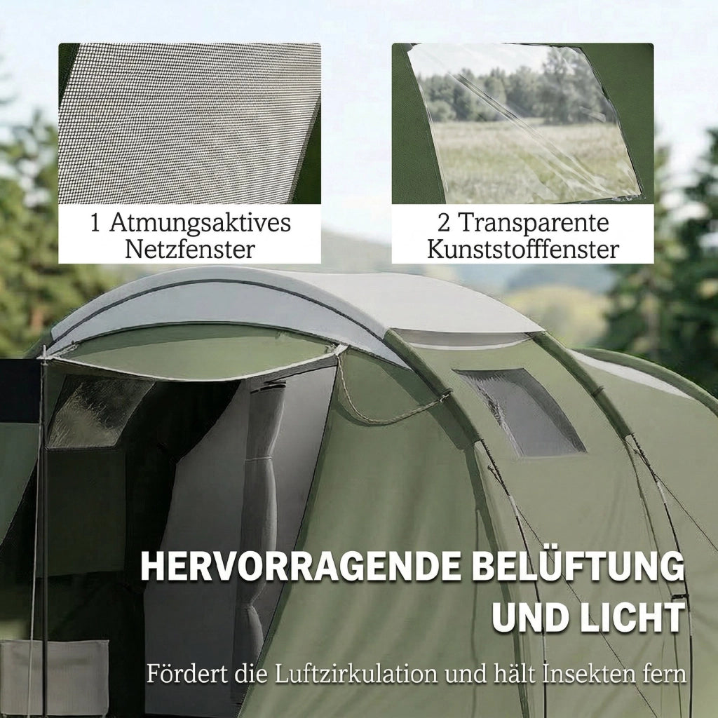 Tenda da Campeggio Familiare per 3-4 Persone Impermeabile 3000mm Verde in Poliestere con Camera e Veranda Robusta