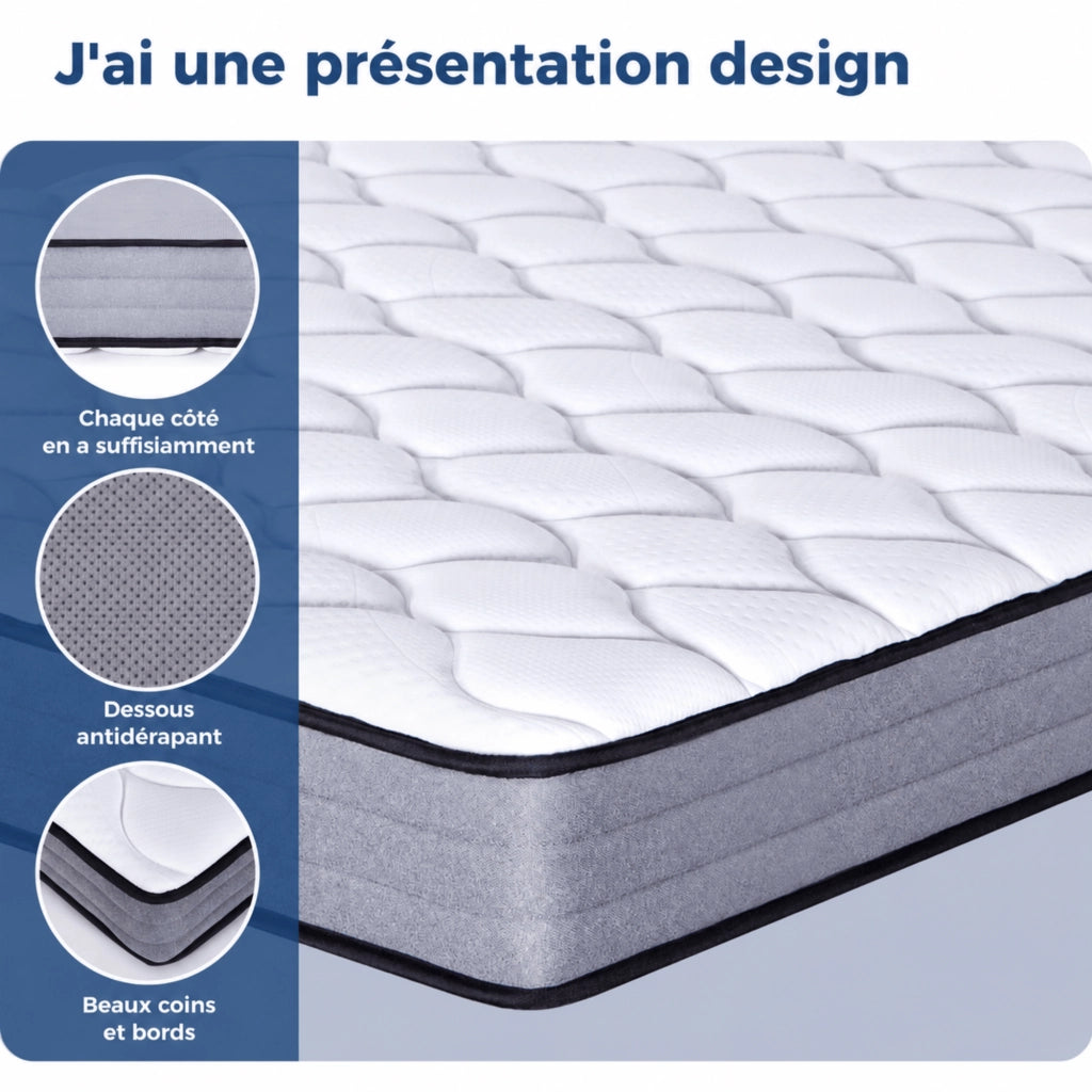 Materasso a molle insacchettate a 7 zone con memory foam; altezza circa 20 cm; bianco e grigio