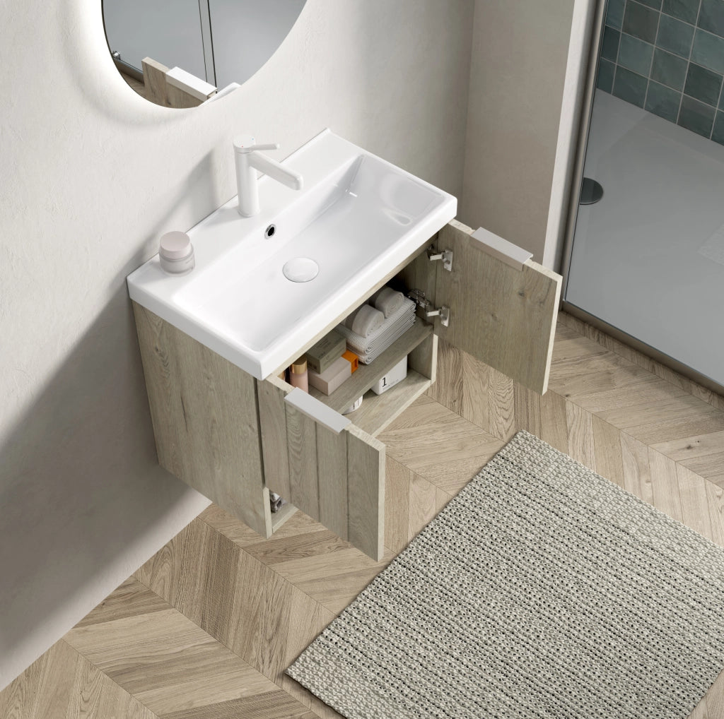 Mobile bagno 42 cm con lavabo in ceramica bianca, armadietto a doppia anta e ripiano aperto finitura rovere crema