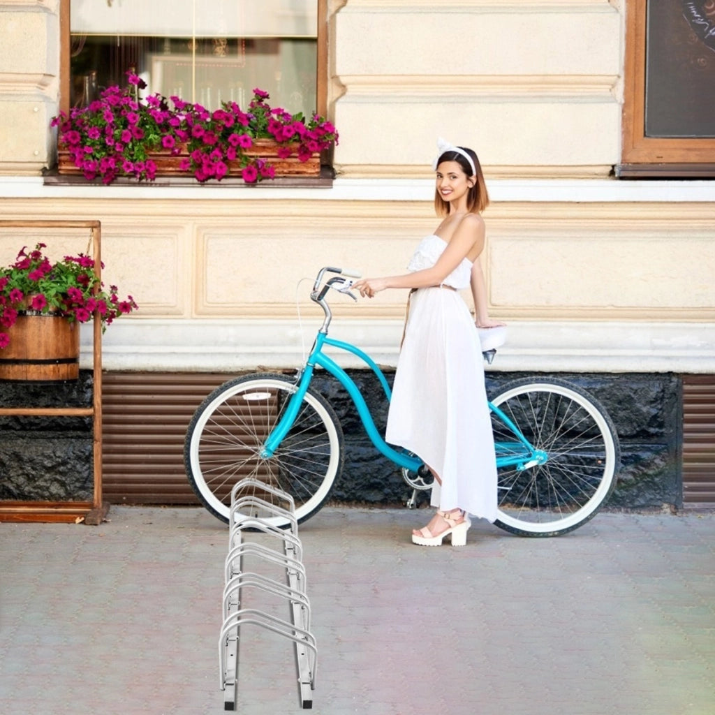 Rastrelliera in telaio d'acciaio per biciclette, Portabiciclette parcheggio per 6 bici Argento-Ciclismo