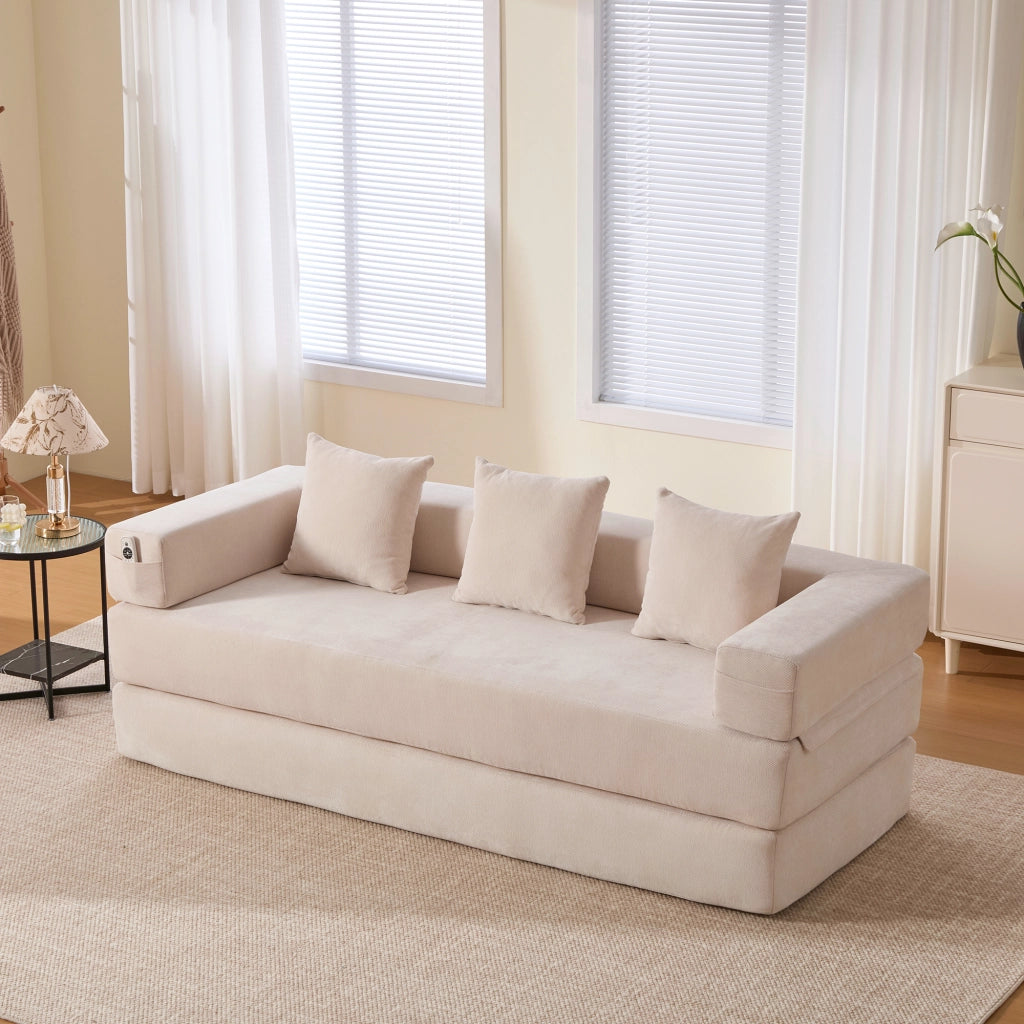 Divano modulare con tasche laterali e base antiscivolo in chenille beige
