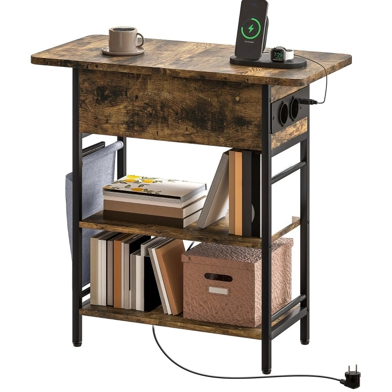 Tavolino laterale 60x29,8x58,5 cm con prese USB e USB-C in truciolare marrone rustico
