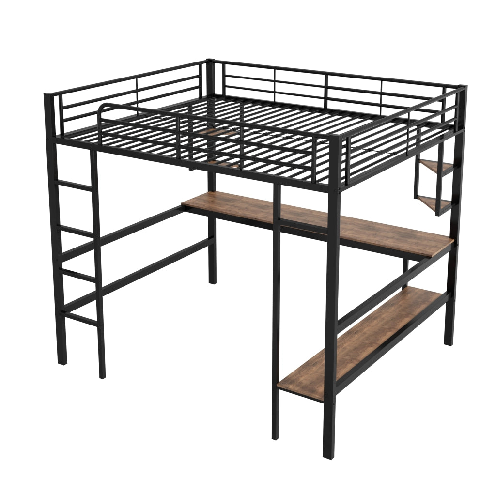 Hochbett 140x200 cm in metallo nero con scrivania, libreria e scaletta, senza materasso