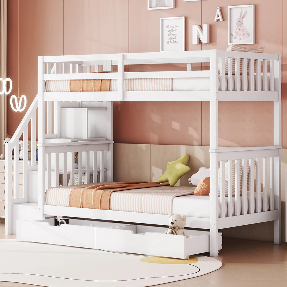 Lit superpos?? per bambini - Xylo - 90x200 cm - Bianco - Con scala e due cassetti