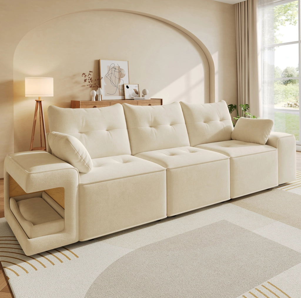 Divano modulare 3 posti in velluto beige con braccioli larghi, area per animali integrata, spazio contenitore e due cuscini