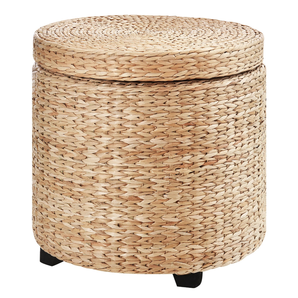 Pouf contenitore in rattan naturale color kaki con coperchio rimovibile Ø43x43 cm