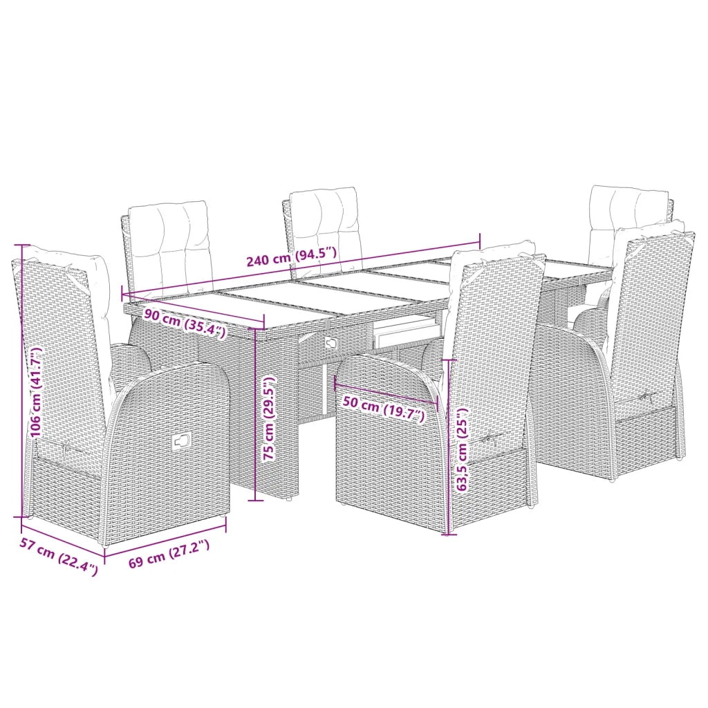 Set da Pranzo da Giardino 7 pz Nero con Cuscini in Polyrattan 3277640