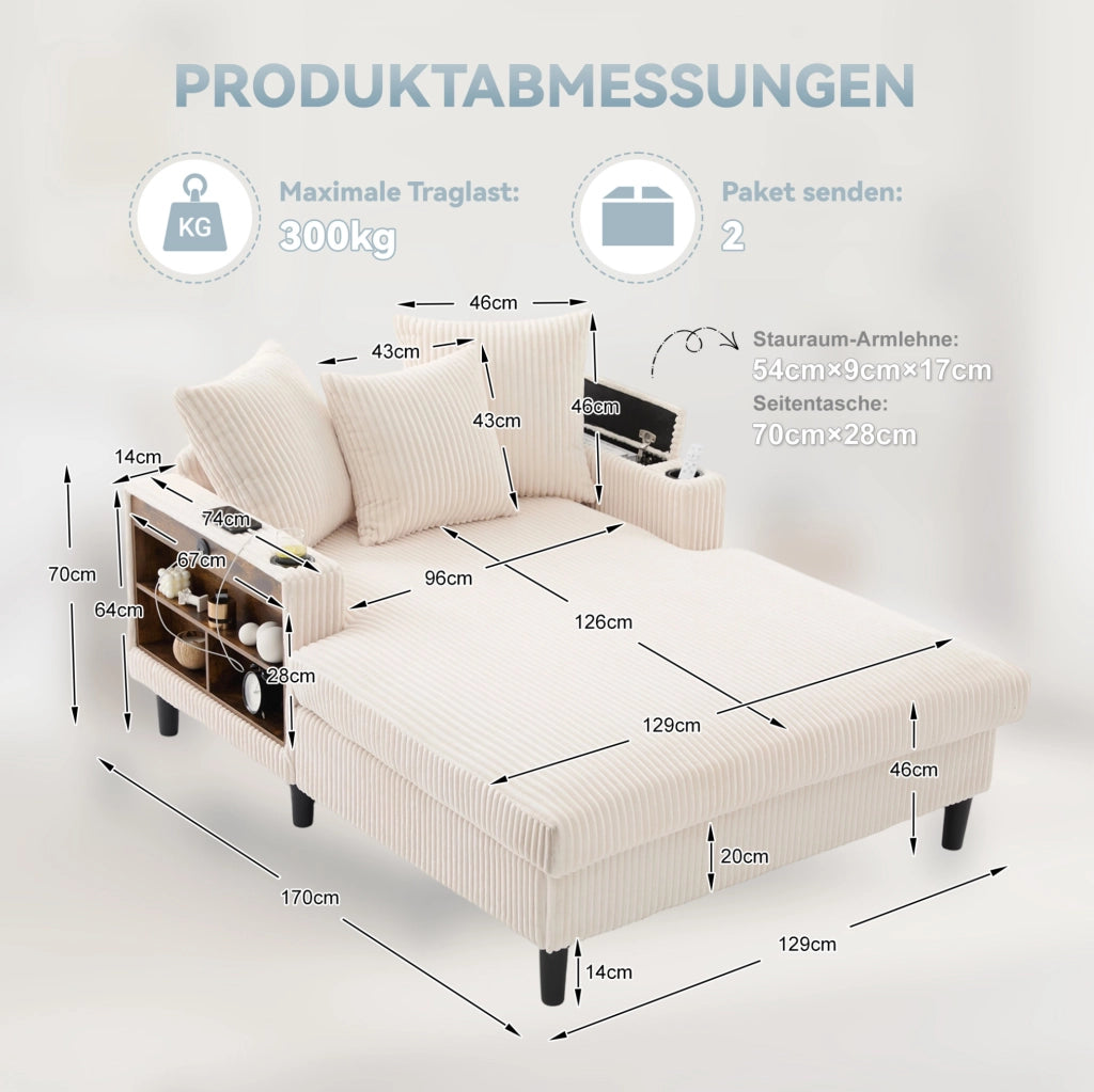 Chaiselongue multifunzione in velluto a coste con ampia zona letto, portabicchieri laterali e illuminazione LED
