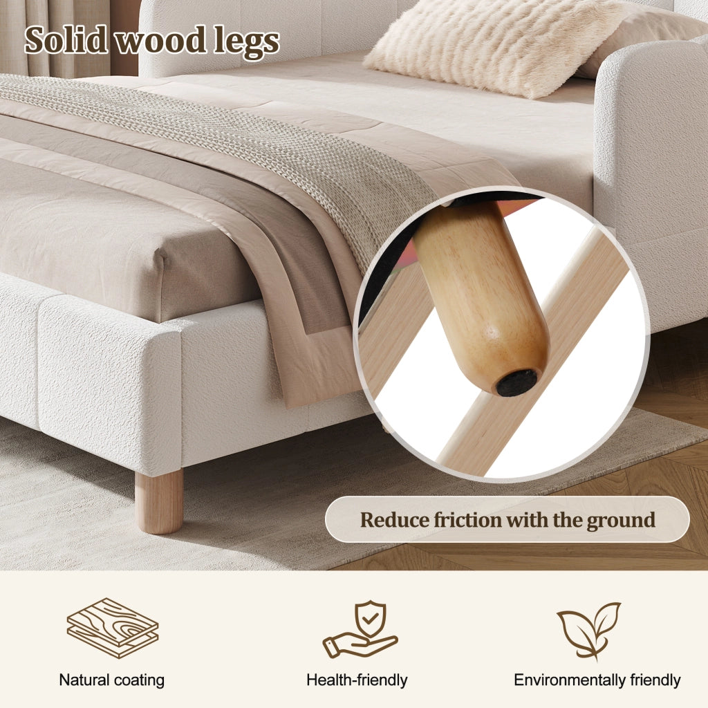 Letto singolo 90 × 200 cm con testiera imbottita e braccioli configurabili rivestito in bouclé beige