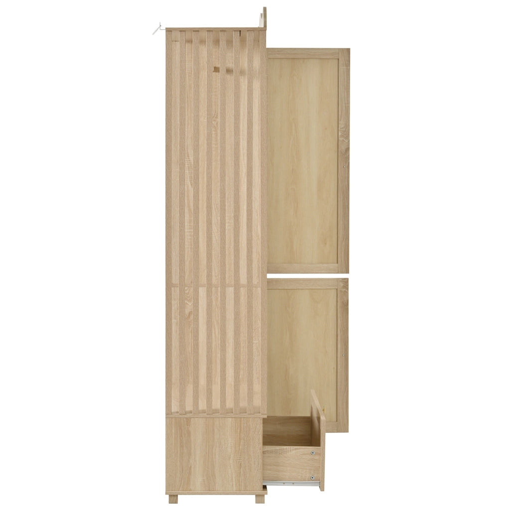Guardaroba con specchio integrato e appendiabiti aperto in MDF color quercia, 115,5x38,5x194,5 cm