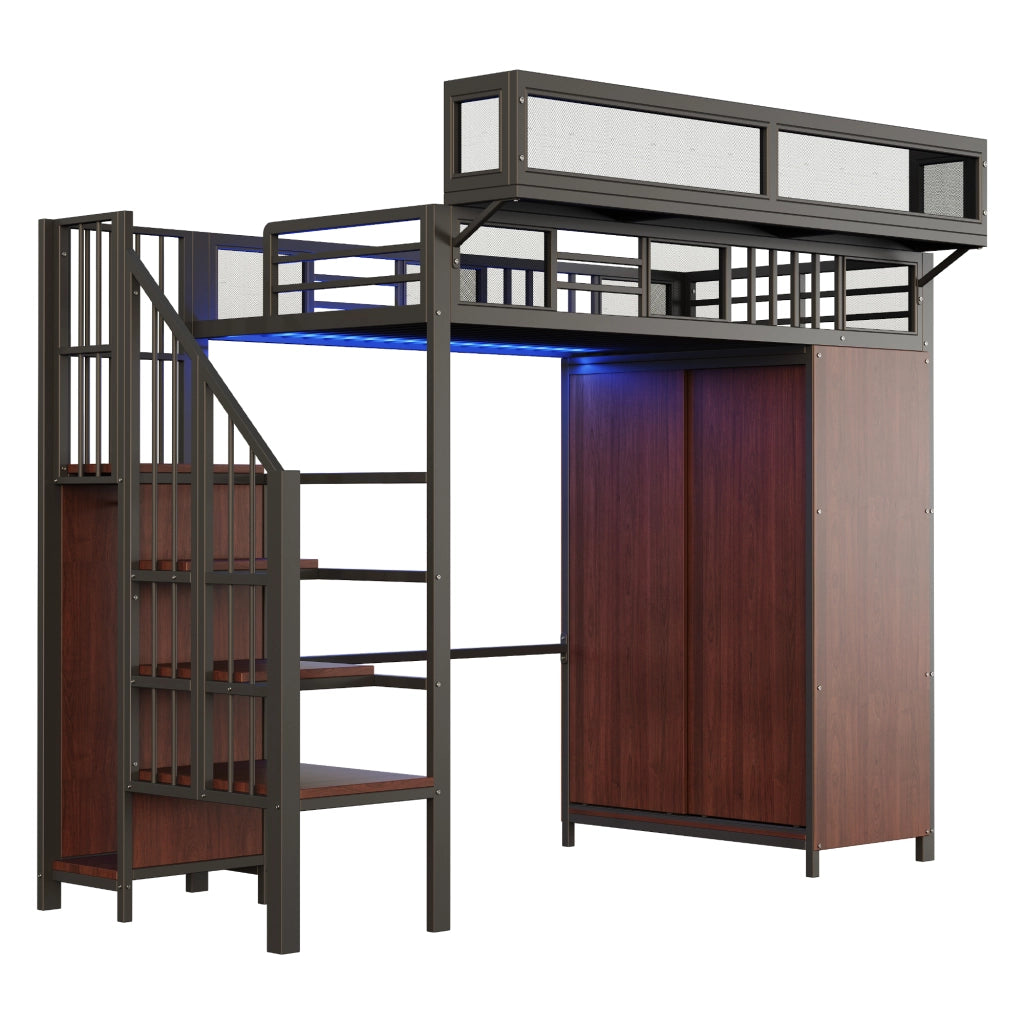 Letto a soppalco per bambini 90x200 cm con armadio; scala contenitore e LED; metallo e legno nero