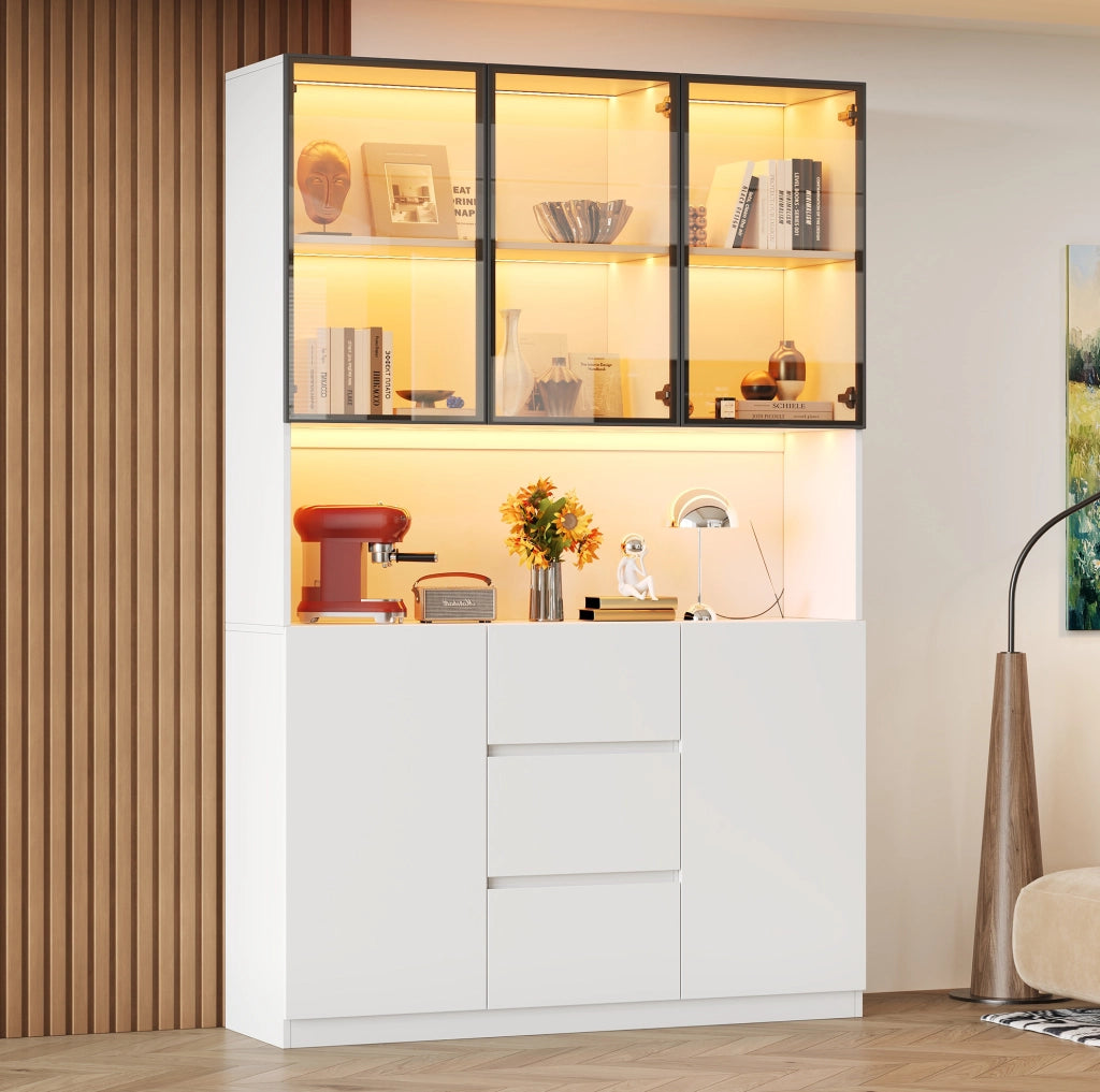 Vetrina in vetro con LED 120x40x200 cm; 3 cassetti; 2 ante; MDF bianco