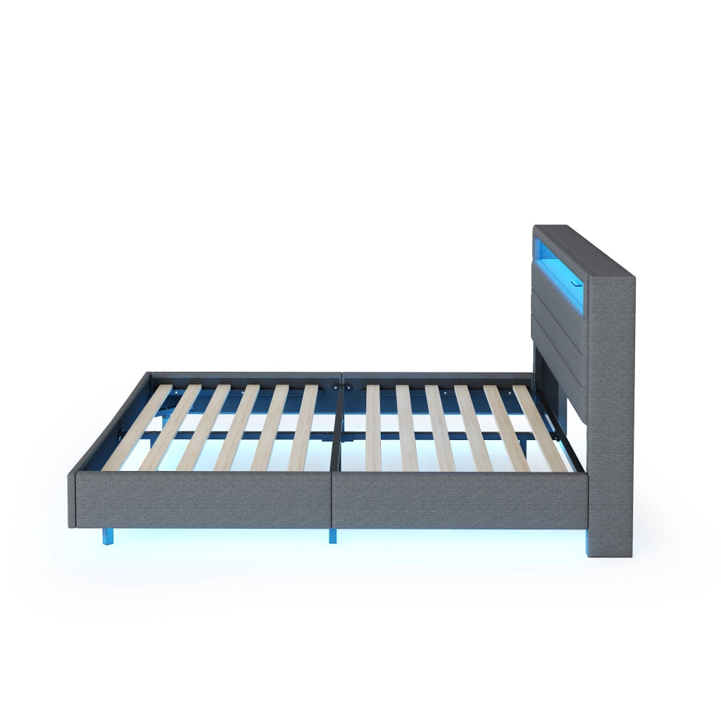 Letto matrimoniale imbottito 160x200 cm con LED e presa USB; grigio