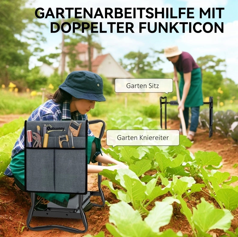 Panchetta pieghevole per giardinaggio con cuscino per ginocchia, portautensili, acciaio, 58x28x49 cm, grigio