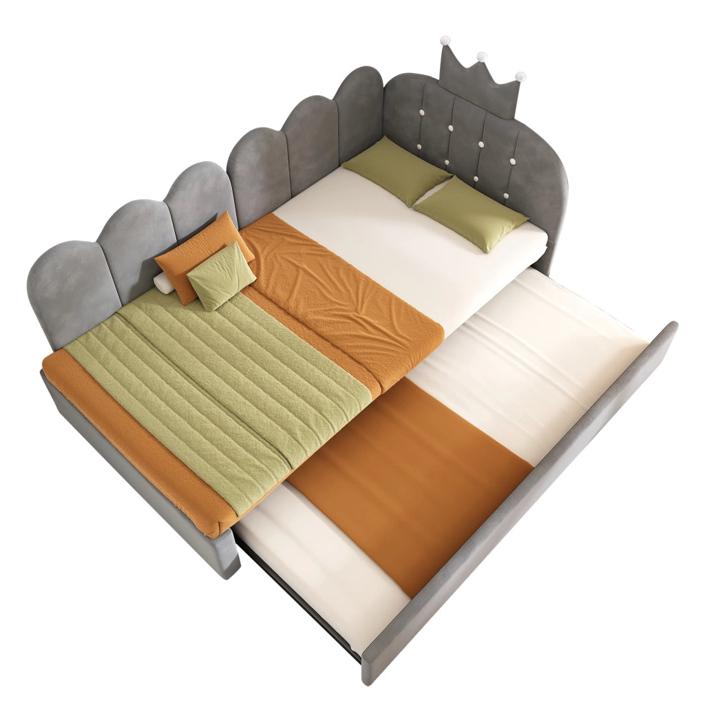 Letto Singolo 90x200 cm Imbottito con letto estraibile; Velluto; Grigio