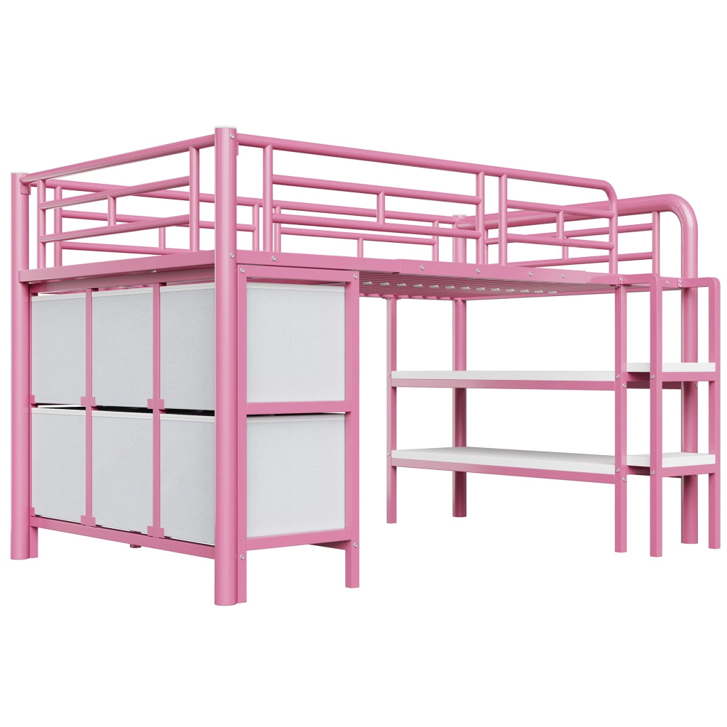 Letto a soppalco basso per bambini 90x200 cm con scala larga; cassetti e ripiani; metallo rosa