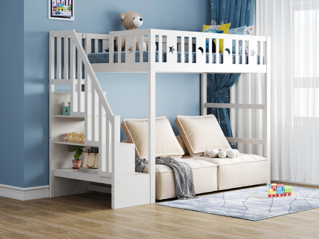 Letto a soppalco per bambini 90 × 200 cm con scala e ripiani in legno bianco con barriera di sicurezza