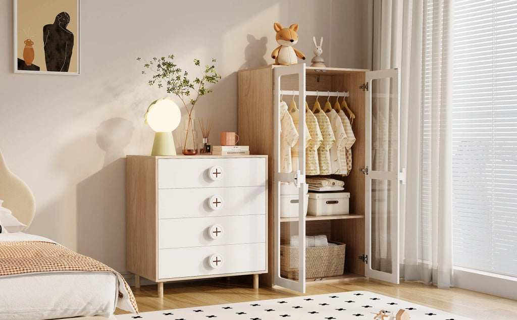 COMODINO 4 cassetti 80x54x90 cm MDF Naturale e Bianco