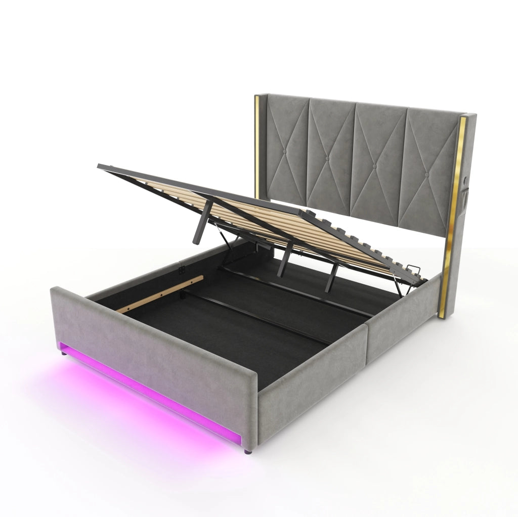 Letto matrimoniale contenitore 160x200 cm in velluto grigio scuro con testiera alta, LED, USB e Type-C