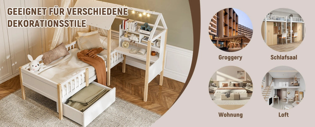 Letto per bambini 90x200 cm in legno massello con protezioni anti-caduta, scrivania a L, scaffali e cassetti su ruote, design multifunzionale bianco
