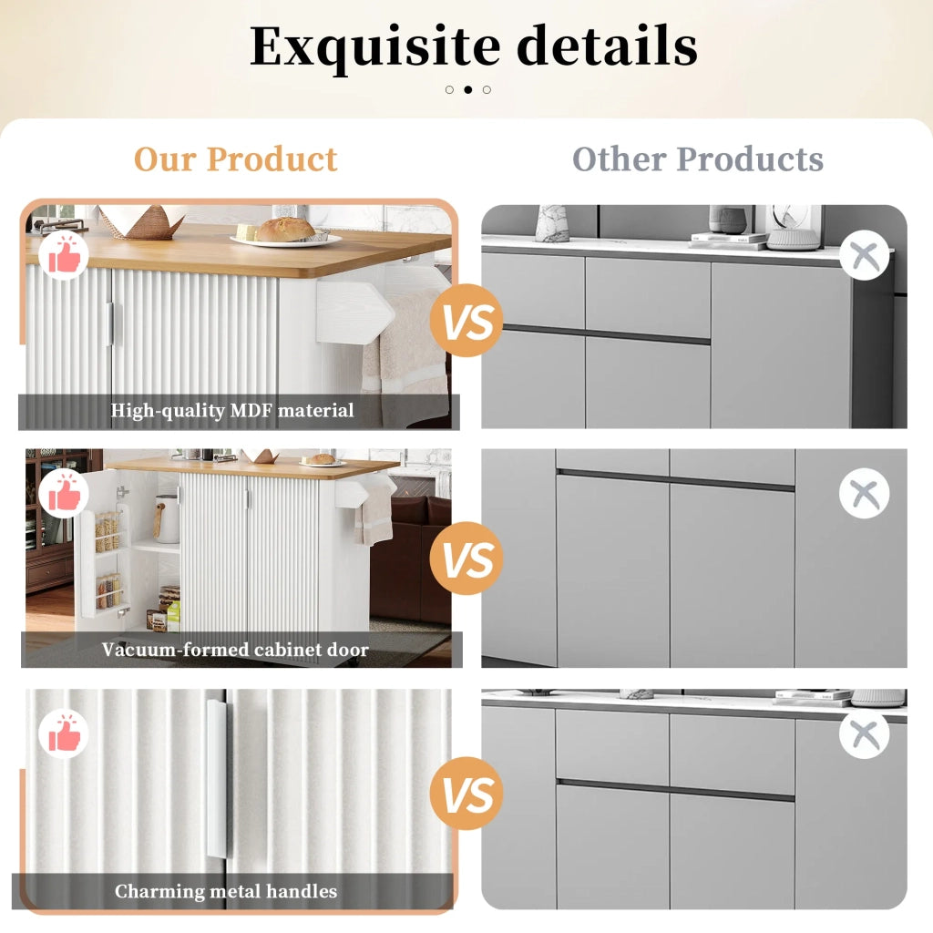 Isola Cucina Estensibile su Ruote 130x45(75)x92cm, Bianco/Nero, Effetto Legno, 3 Ante, Portasciugamani, Spezieria, Divisori Regolabili
