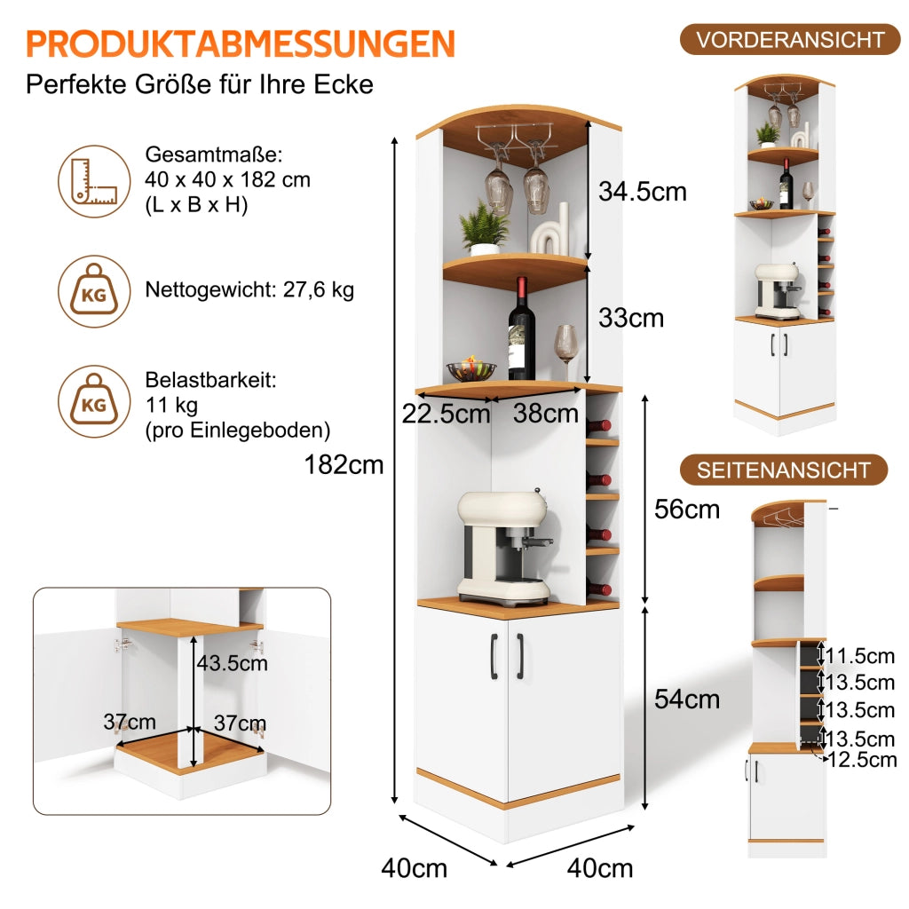 Mobile bar angolare con portabicchieri e 4 vani per vino armadietto inferiore in MDF bianco 40 × 40 × 182 cm