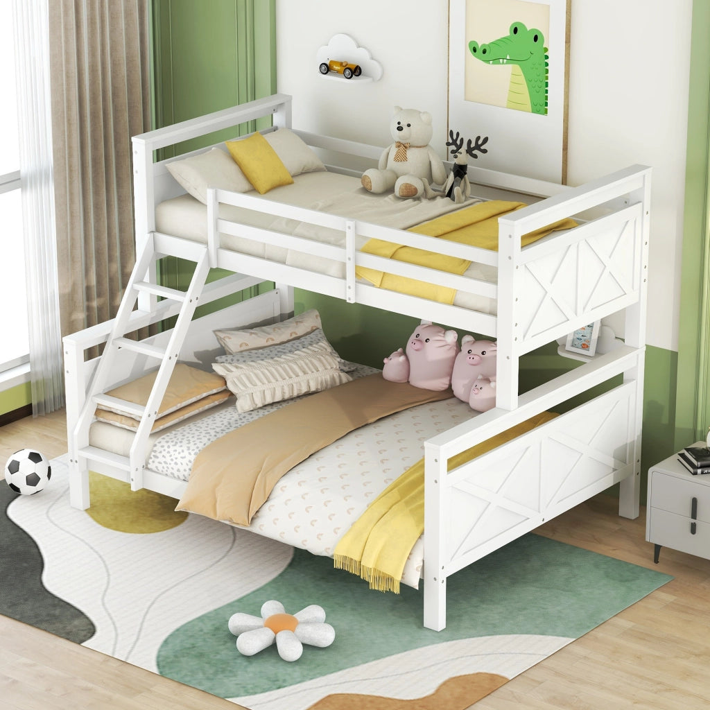 Letto a castello con scala e parapetto in pino bianco 90x200cm