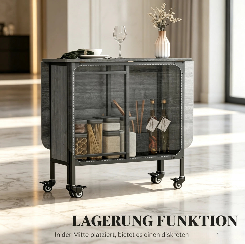 Tavolo da Pranzo Pieghevole con Ruote e Ripiano, Allungabile 130x80x74 cm, Grigio