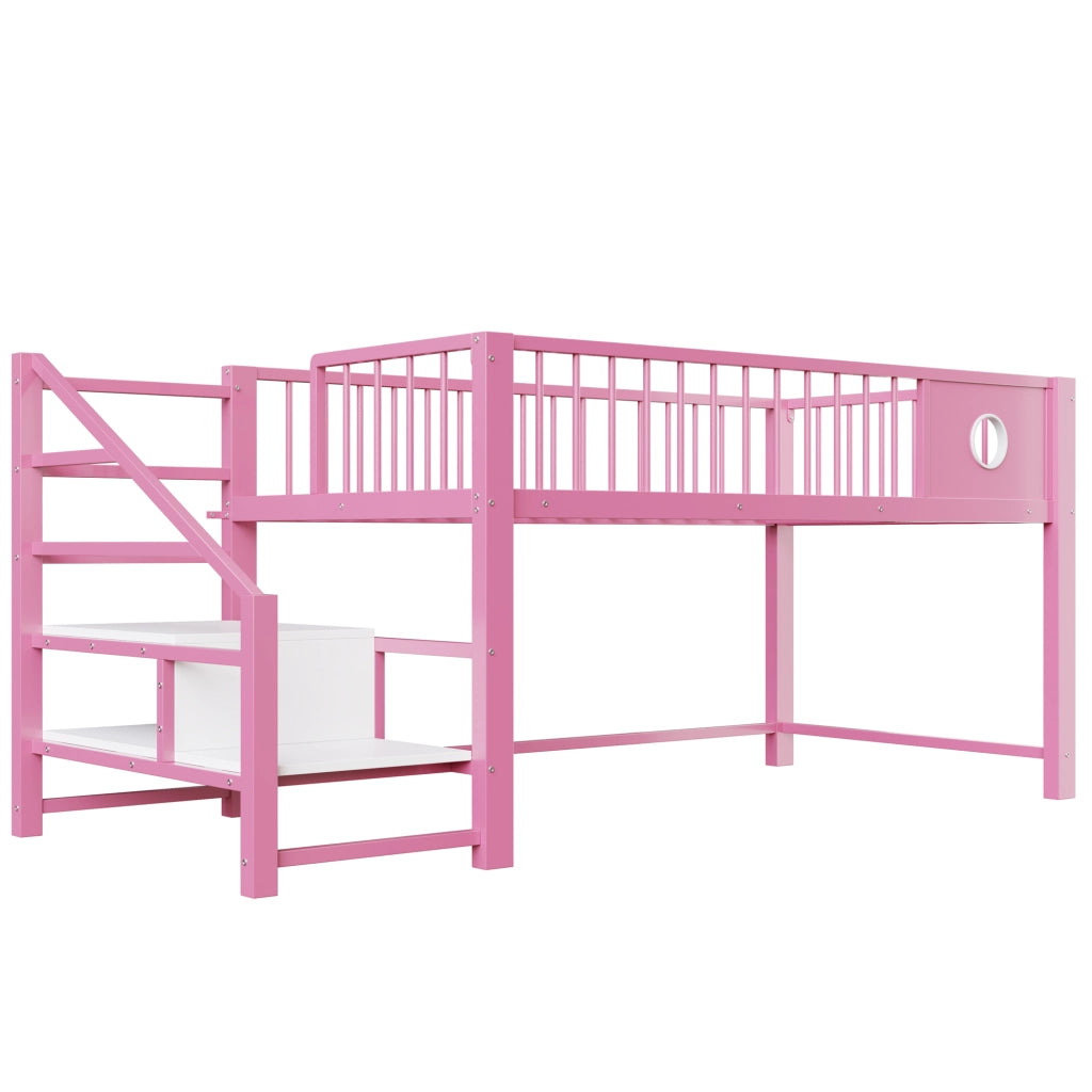 Letto a soppalco basso 90 × 200 cm 1 posto con scala contenitore e vano sottostante; senza materasso; rosa