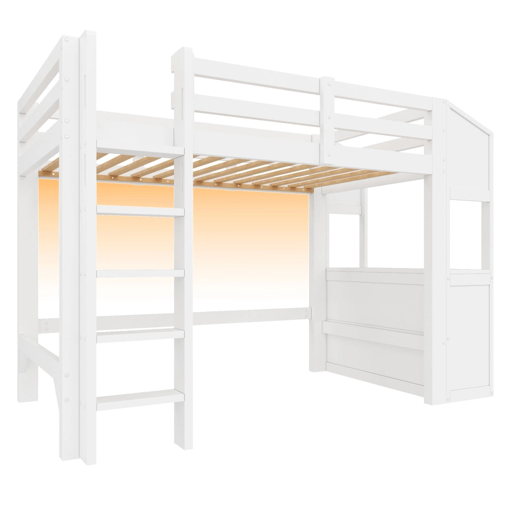 Letto a soppalco 90x200 cm con 3 cassetti; ripiani e LED; bianco