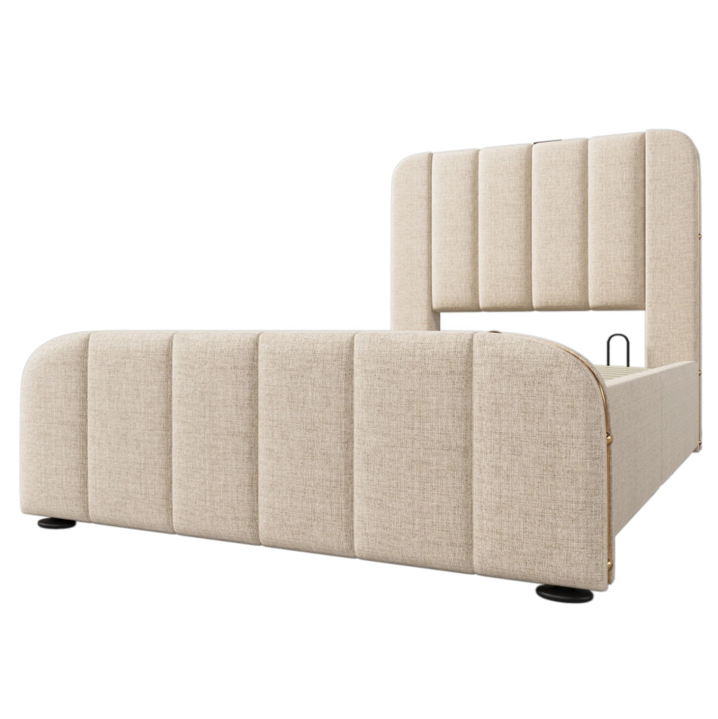 Letto singolo imbottito 90x200 cm con contenitore, USB e Tipo-C, beige