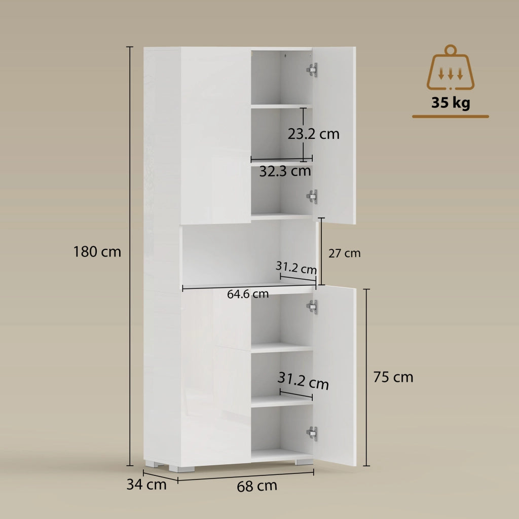 Mobile Dispensa Cucina 180cm Bianco Lucido, Credenza Alta Moderna con Ante Soft-Close e Ripiani Regolabili, Pratico Armadio per Casa