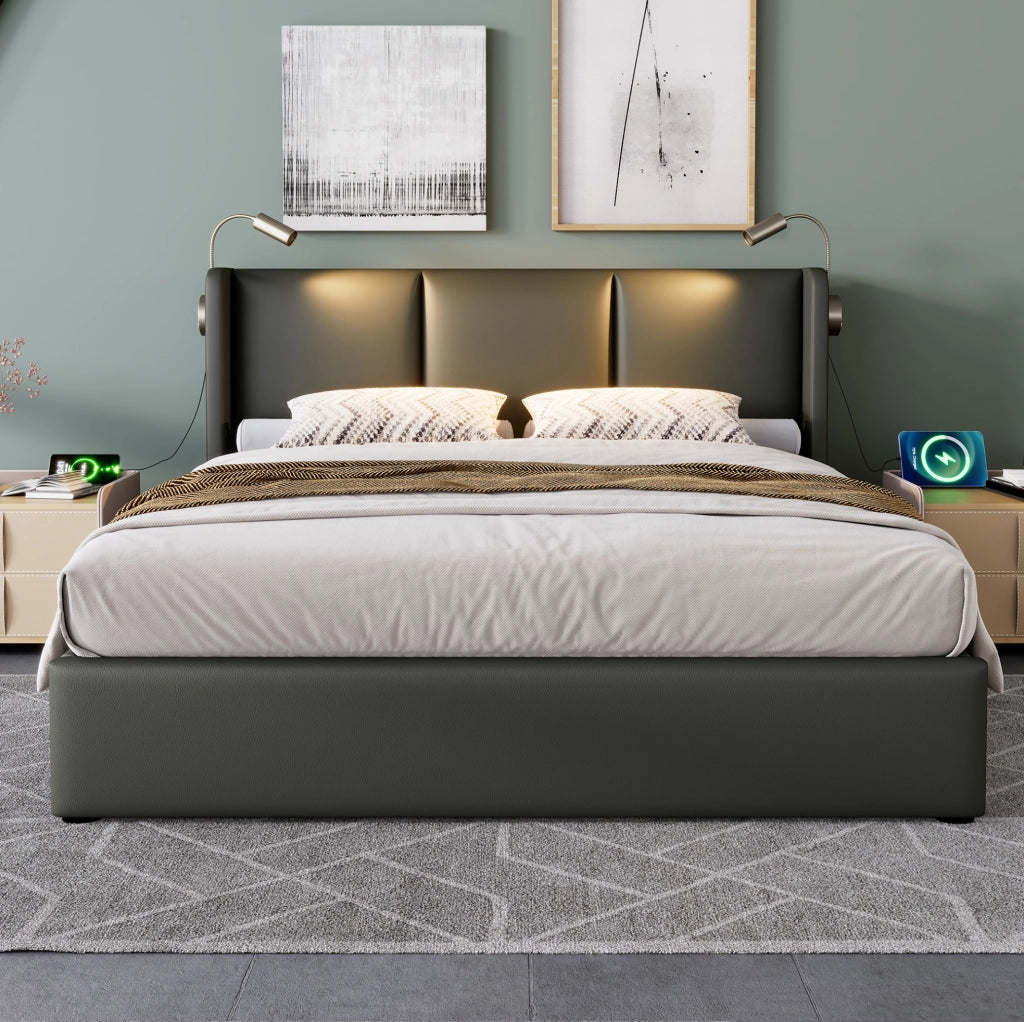 Letto imbottito 160x200 cm con contenitore e luce USB in PU grigio