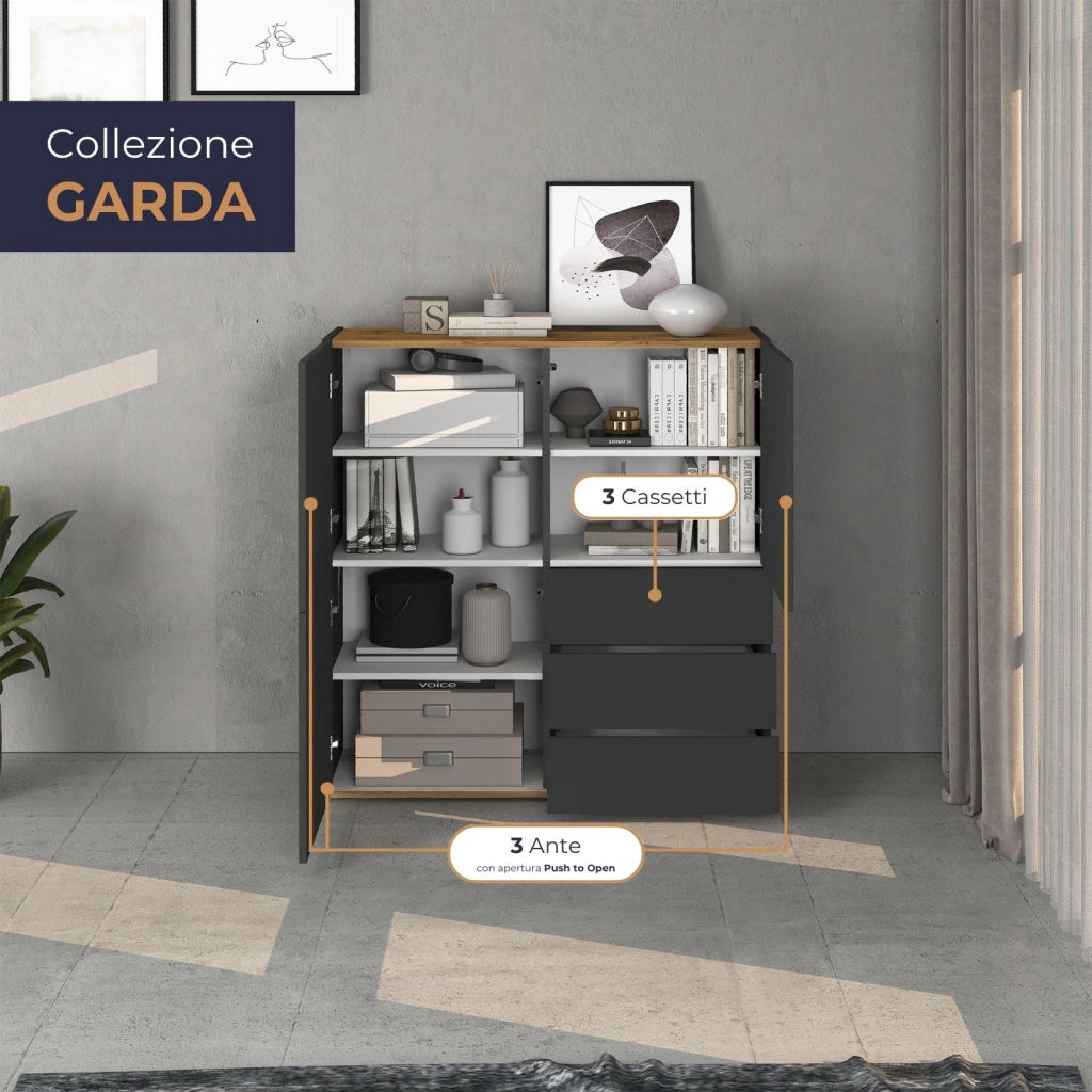 WHOUS Credenza Garda a 3 ante e 3 cassetti antracite opaco/rovere 102x35x110 cm