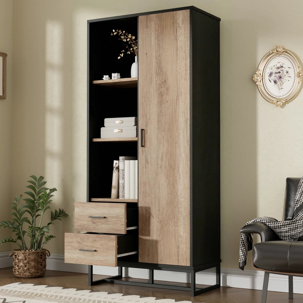 Credenza alta 80x40x180 cm con anta, cassetti e vani aperti