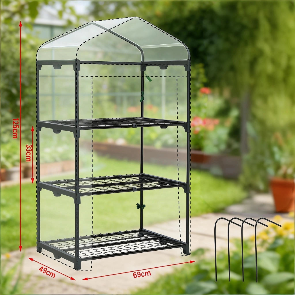 Serra da balcone con 3 ripiani in metallo e porta avvolgibile con zip copertura in PE bianca 69 × 49 × 125 cm