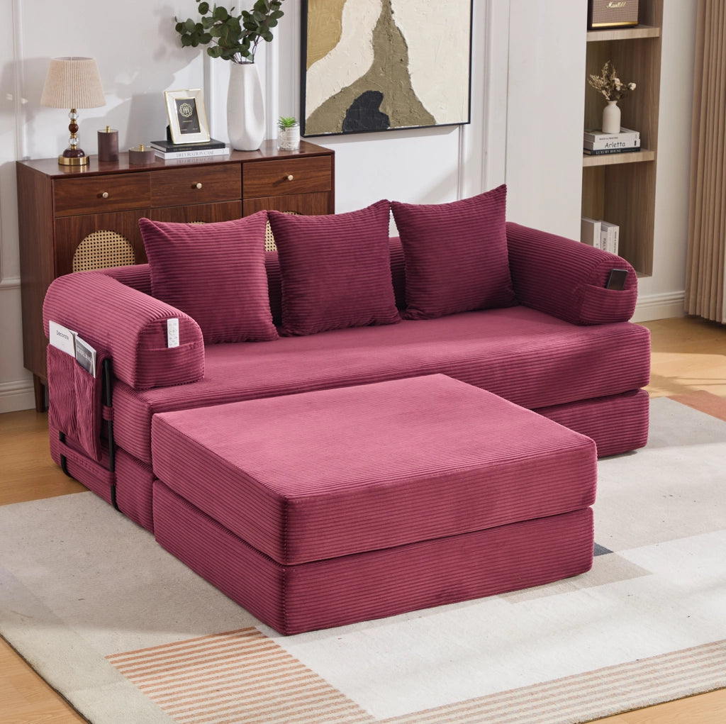 Divano modulare con pouf in velluto a coste; struttura in metallo e tasca laterale; rosso vino