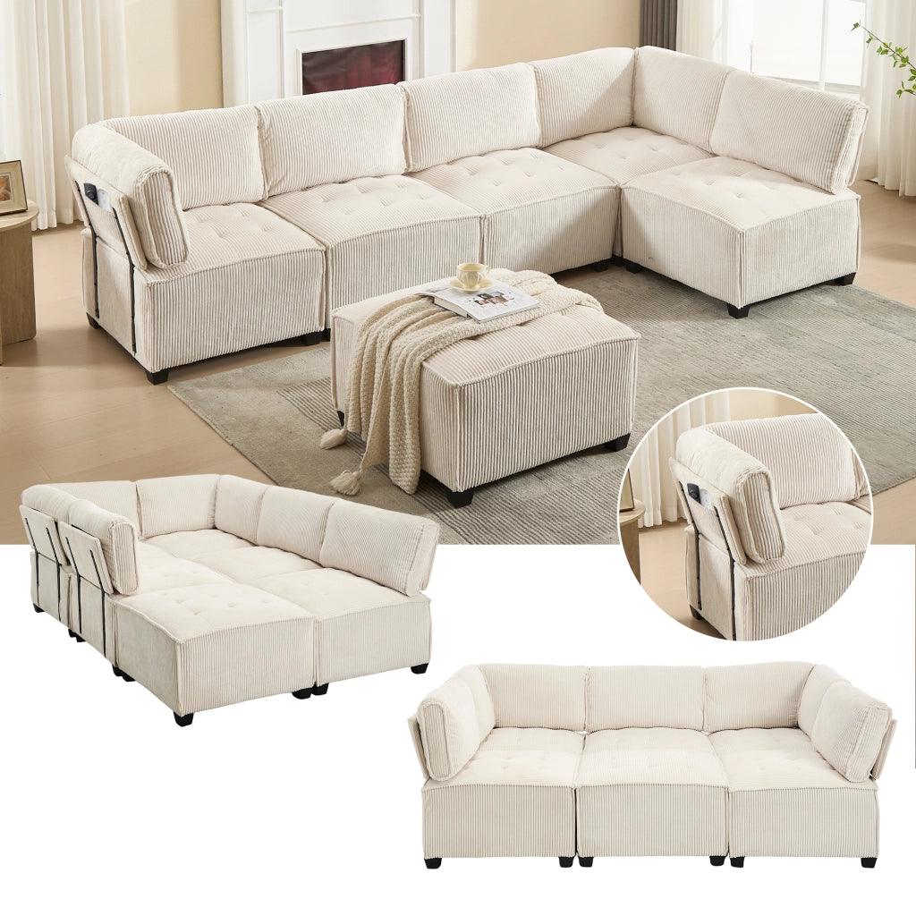 Divano modulare 6 posti in velluto a coste beige configurabile a U o L con tasche laterali 308 × 154 × 81.99 cm