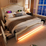 Letto matrimoniale 140x200 in velluto beige con 4 cassetti, LED, porte USB e Type-C, senza materasso