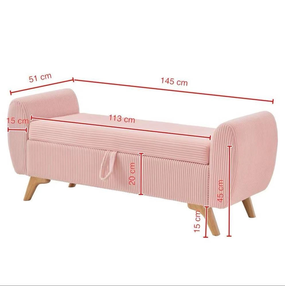Panca pieghevole con vano contenitore in velluto a coste rosa e gambe in legno