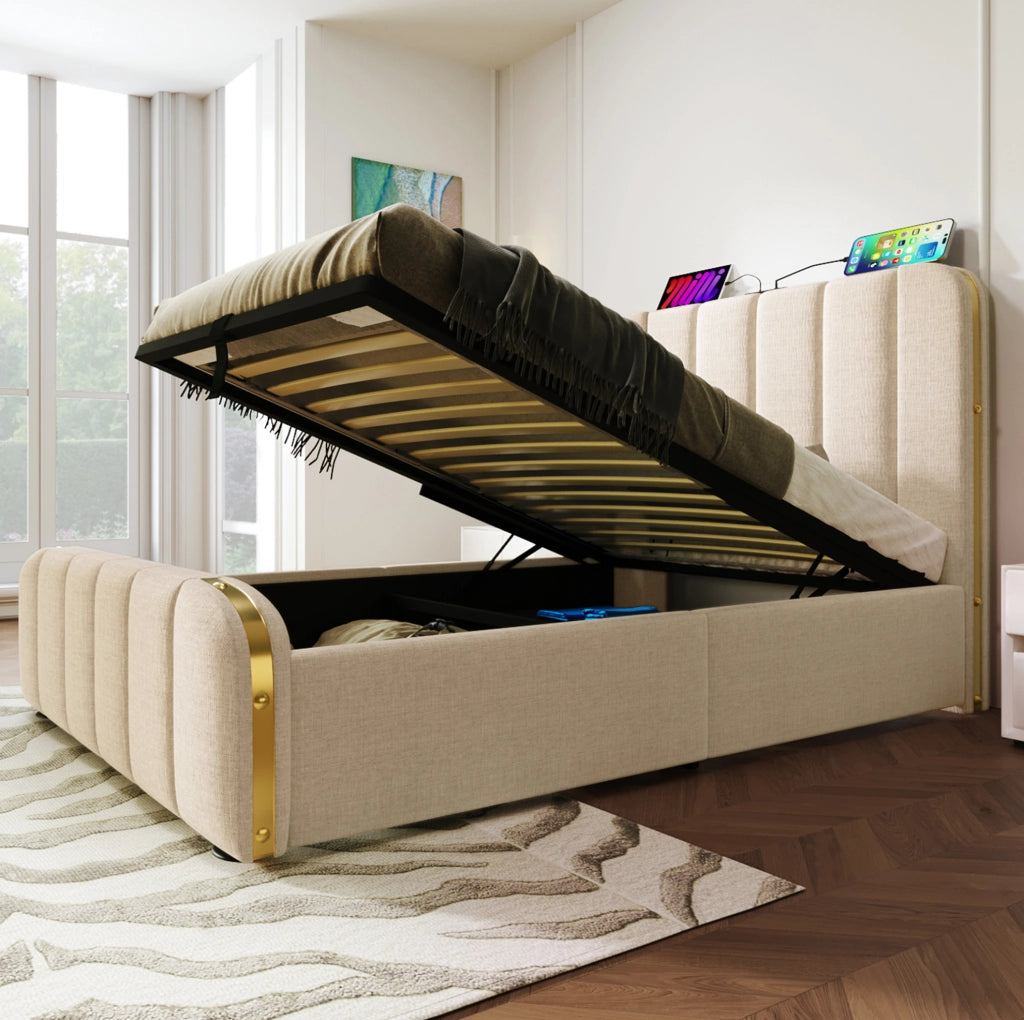 Letto singolo imbottito 90x200 cm con contenitore, USB e Tipo-C, beige