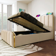 Letto singolo imbottito 90x200 cm con contenitore, USB e Tipo-C, beige