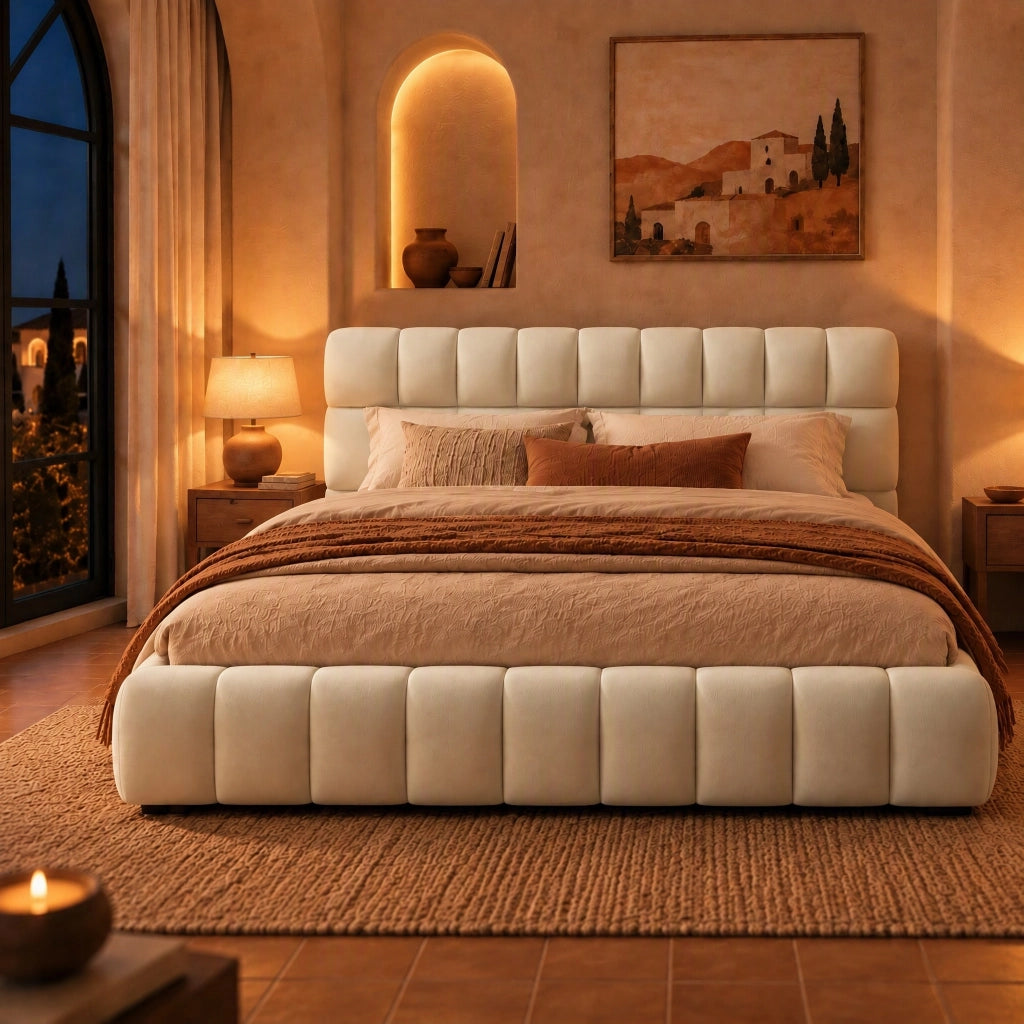 Letto Matrimoniale Imbottito 160 x 200 cm, Letto Imbottito, Rete a Doghe e Testiera Imbottita, Stile Bubble Velvet, Letto a Basso Profilo, Senza Materasso, Beige