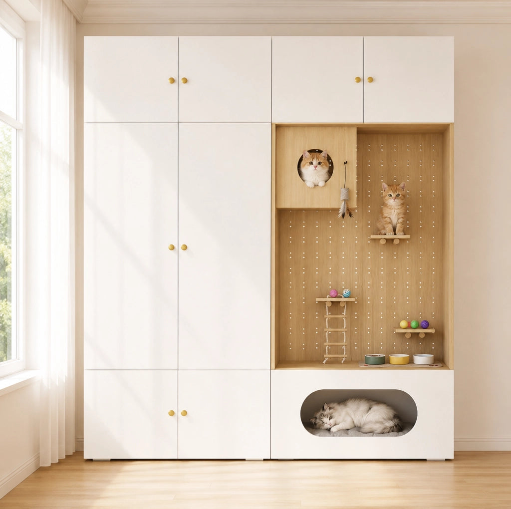 Armadio multifunzione 2-in-1 con parete arrampicata per gatti, 180x50x200 cm, bianco e effetto legno