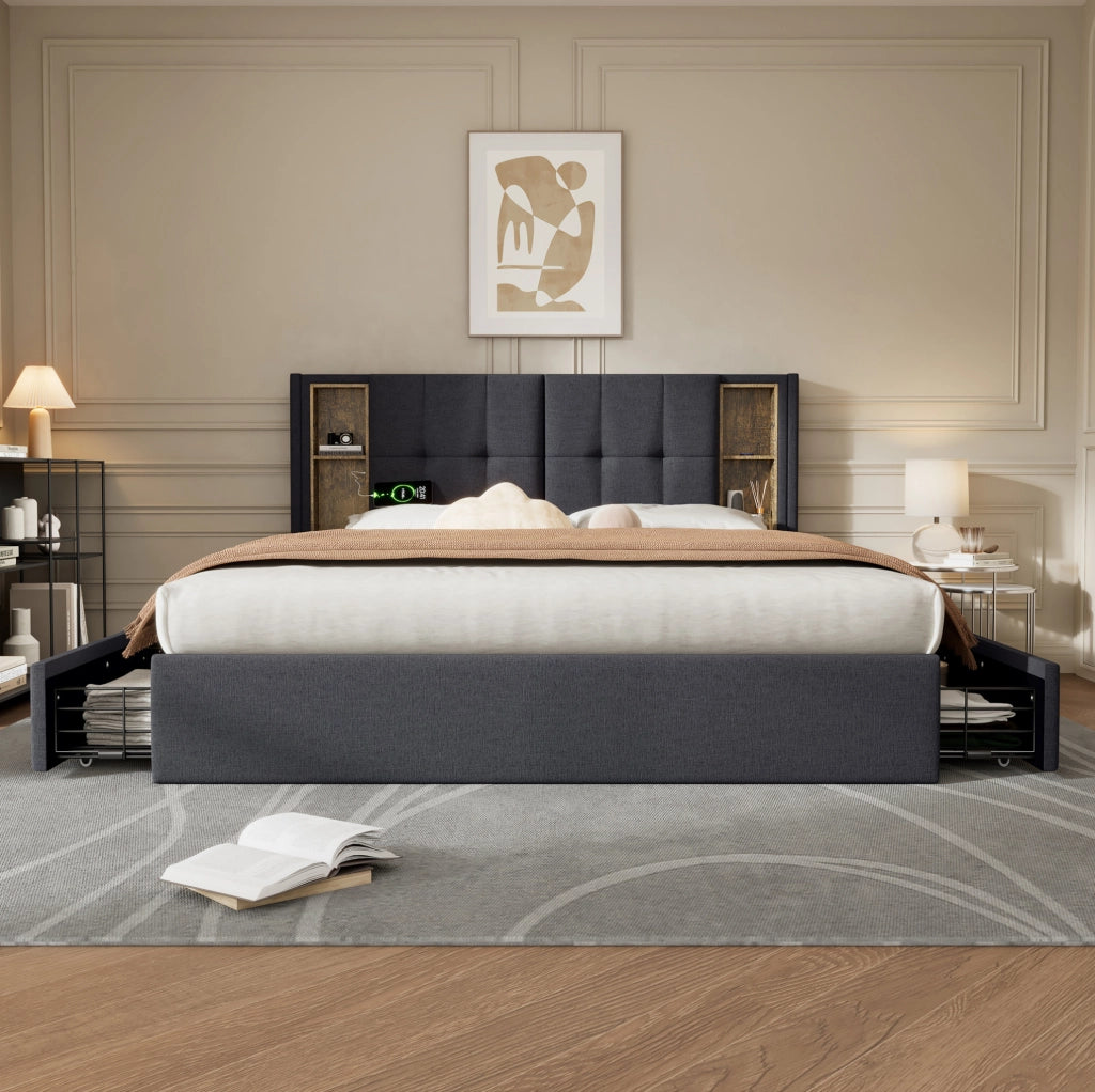 Letto Matrimoniale 160x200 cm con Ricarica Wireless USB-C, 4 Cassetti e Testiera in Lino Grigio Senza Materasso